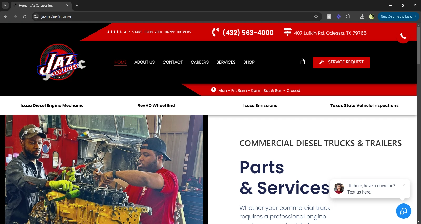JAZ Services website with a red and black identity and photography of technicians servicing a commercial diesel engine
